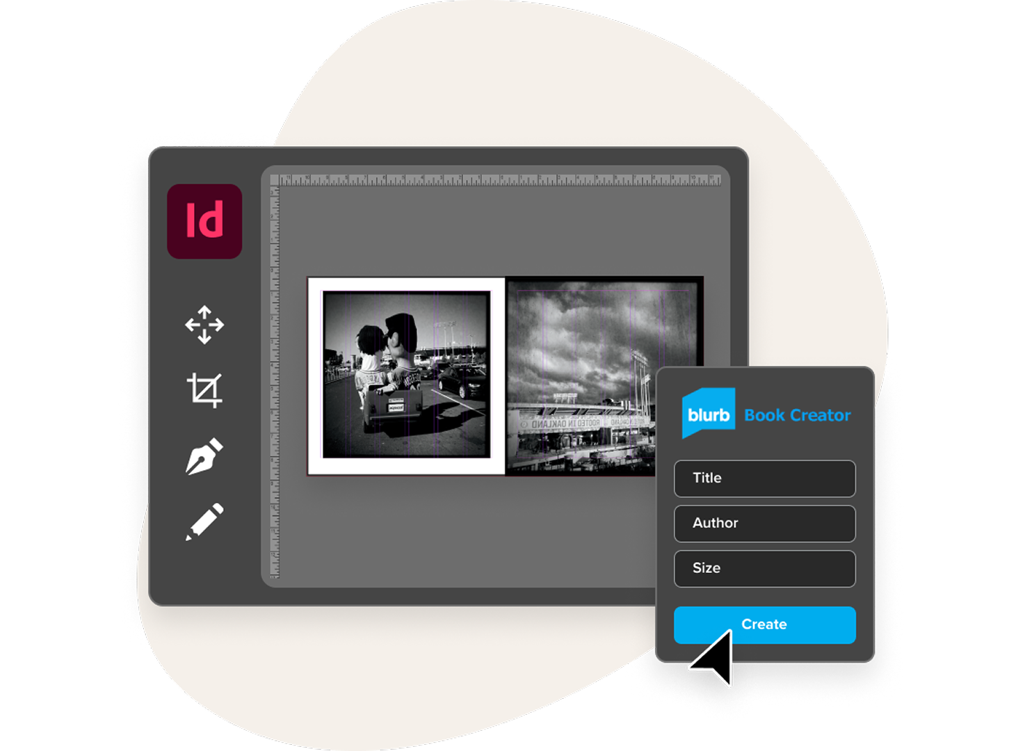 Blurb plugin for Adobe InDesign interface showing a page spread and the book creator panel with title, author, and size fields.