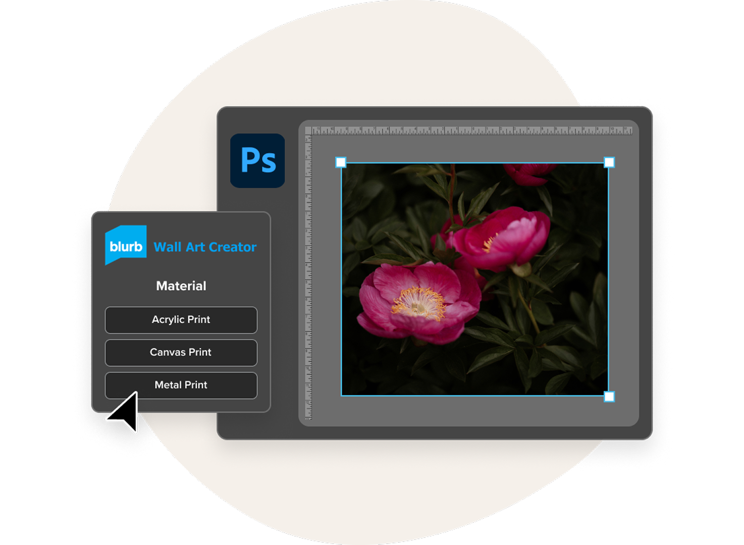 Blurb Wall Art Plugin for Adobe Photoshop showing image preview with Wall Art Creator options for acrylic, canvas, and metal.